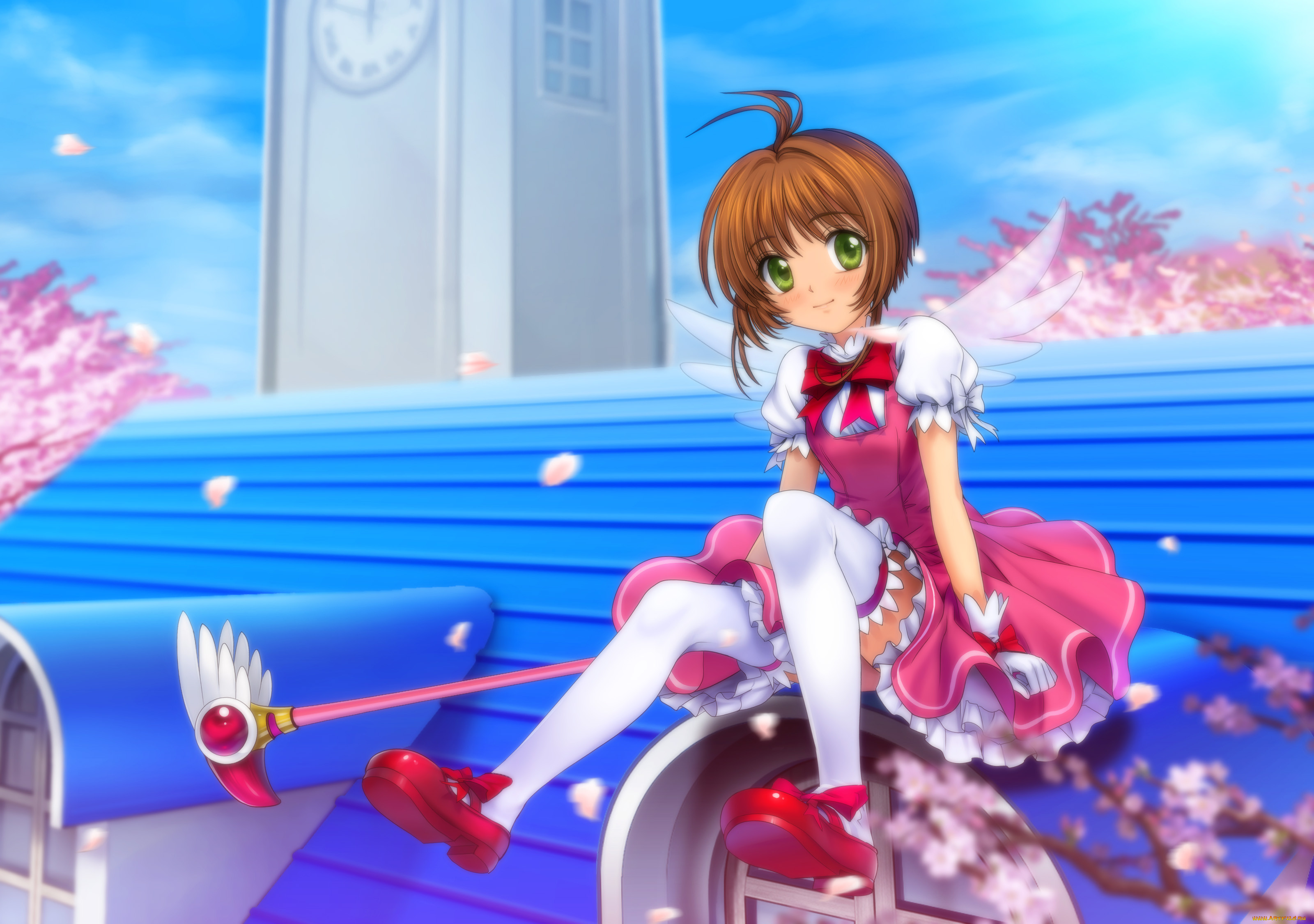 Обои Аниме Card Captor Sakura, обои для рабочего стола, фотографии аниме,  card captor sakura, сидит, крылья, девочка, крыша Обои для рабочего стола,  скачать обои картинки заставки на рабочий стол.